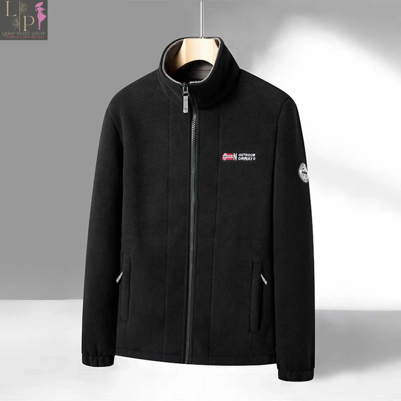 Blue men's winter fleece jacket with stand collar, big and tall fit, perfect for spring and autumn, by Lamp Post.