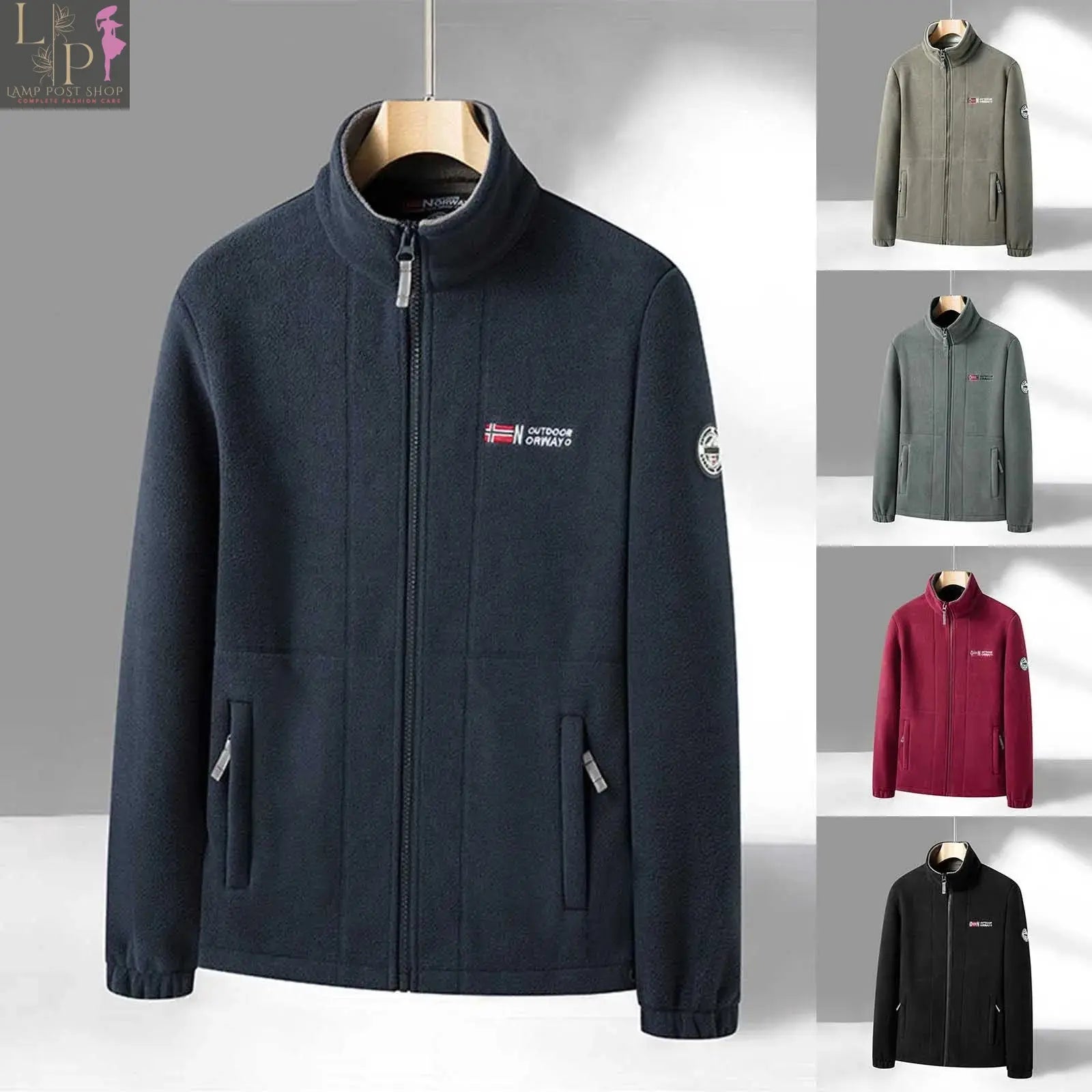 Blue men's fleece jacket by Lamp Post, big and tall winter coat with stand collar, suitable for spring and autumn.