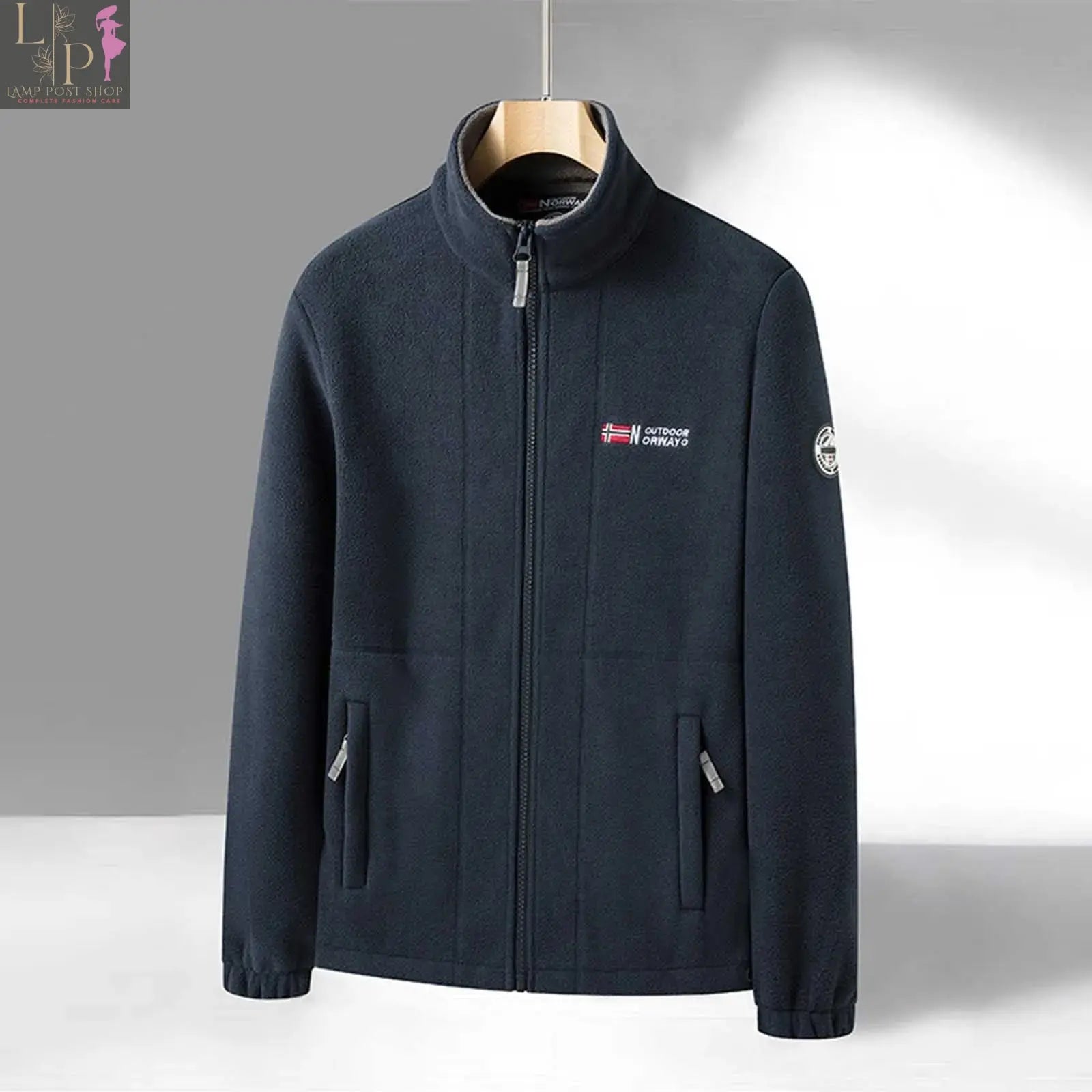 Men's blue winter fleece jacket by Lamp Post with stand collar, suitable for spring and autumn, big and tall men's coat.
