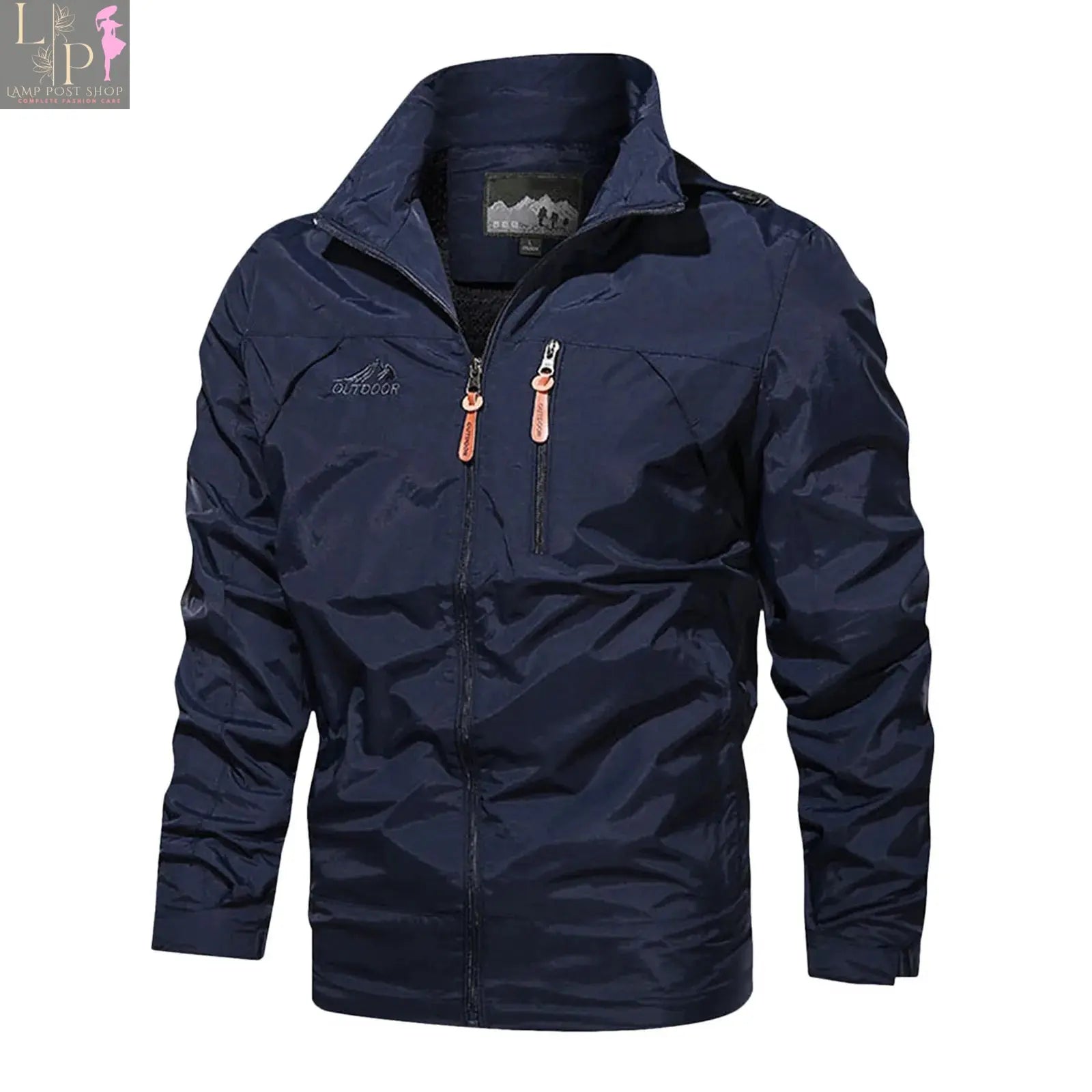 Blue men's waterproof military hooded jacket by Lamp Post, featuring a rugged design and adjustable hood for outdoor wear.