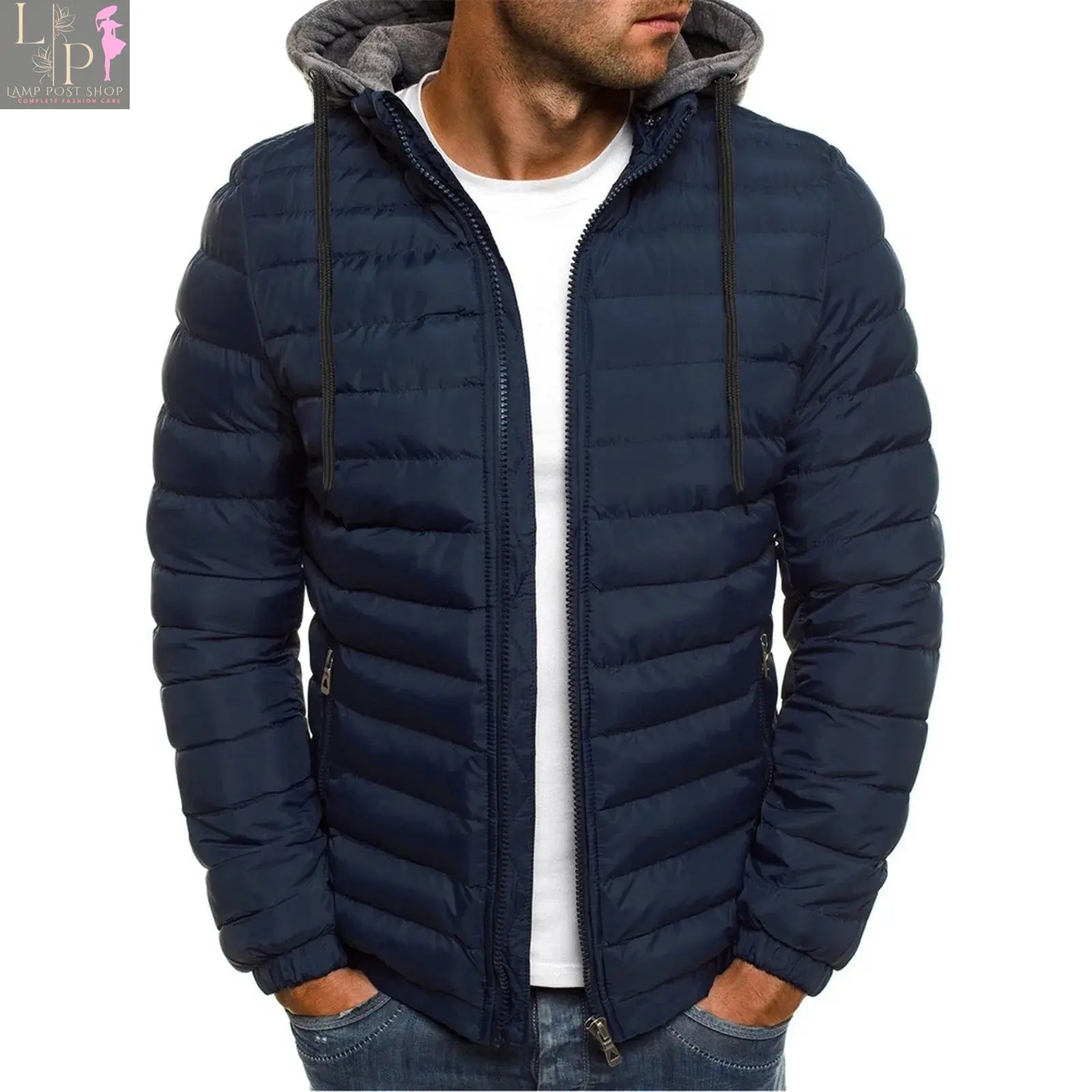 Men's blue winter warm hooded zipper jacket by Lamp Post, men's jacket with front zipper and cozy hood for cold weather.
