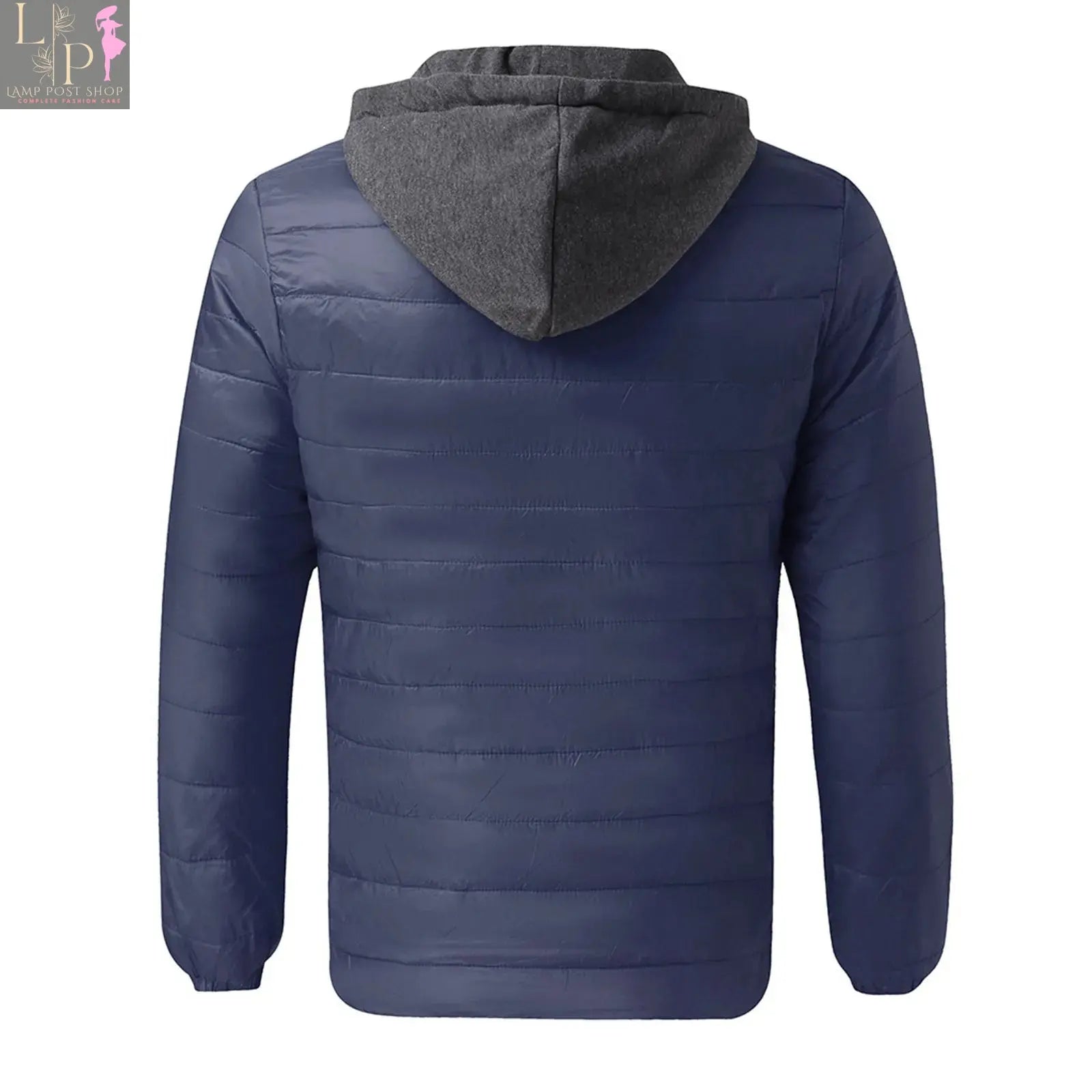 Men's blue winter warm hooded zipper jacket by Lamp Post, showcasing front view with hood and full zipper detail.