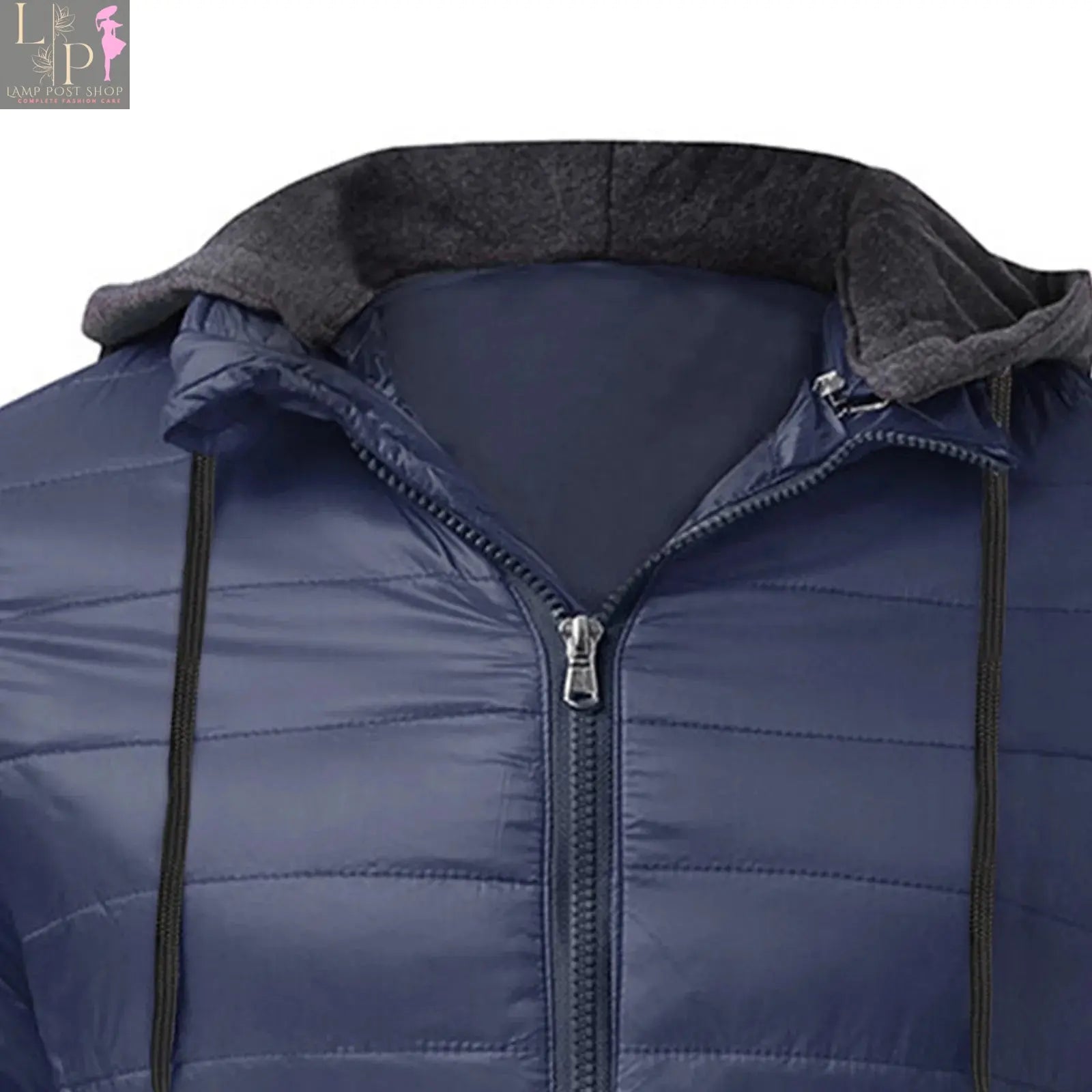 Men's blue winter warm hooded zipper jacket by Lamp Post, men's jacket with a front zipper and hood, suitable for cold weather.