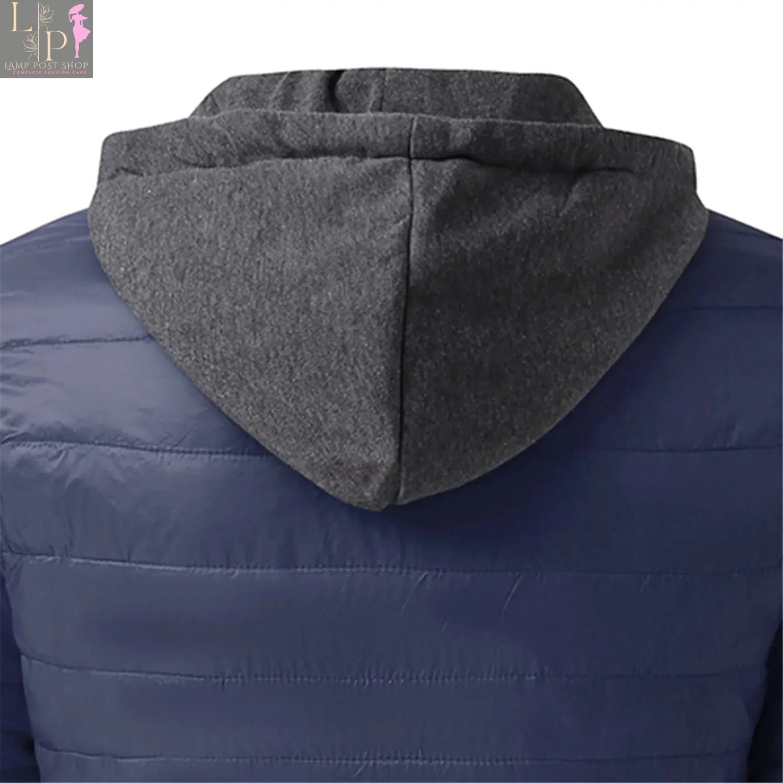 Men's winter warm hooded zipper jacket by Lamp Post, blue men's jacket with a front zipper and hood for cold weather.