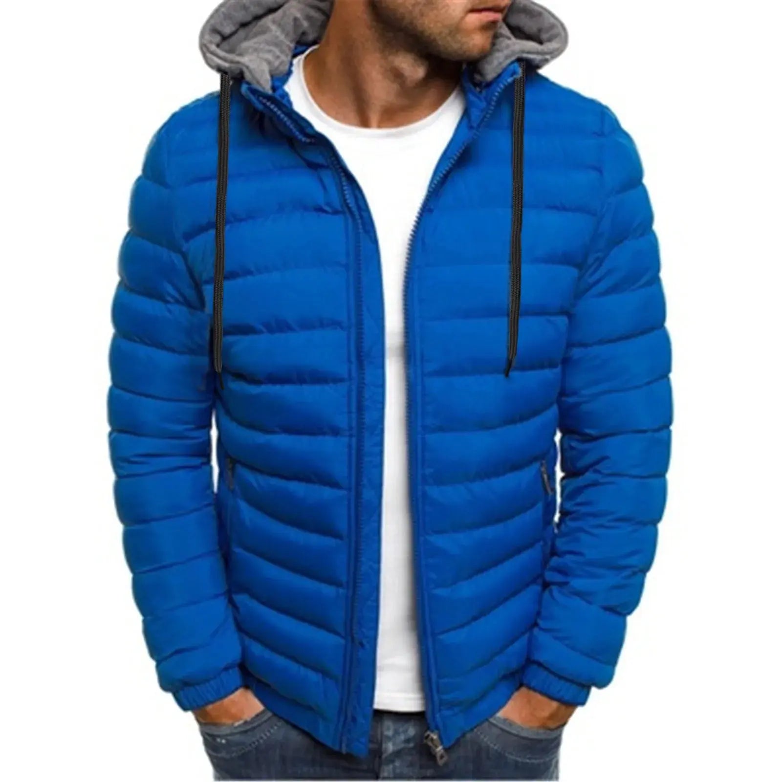Men's blue winter warm hooded zipper jacket by Lamp Post, showing front view with adjustable hood and zipper closure.