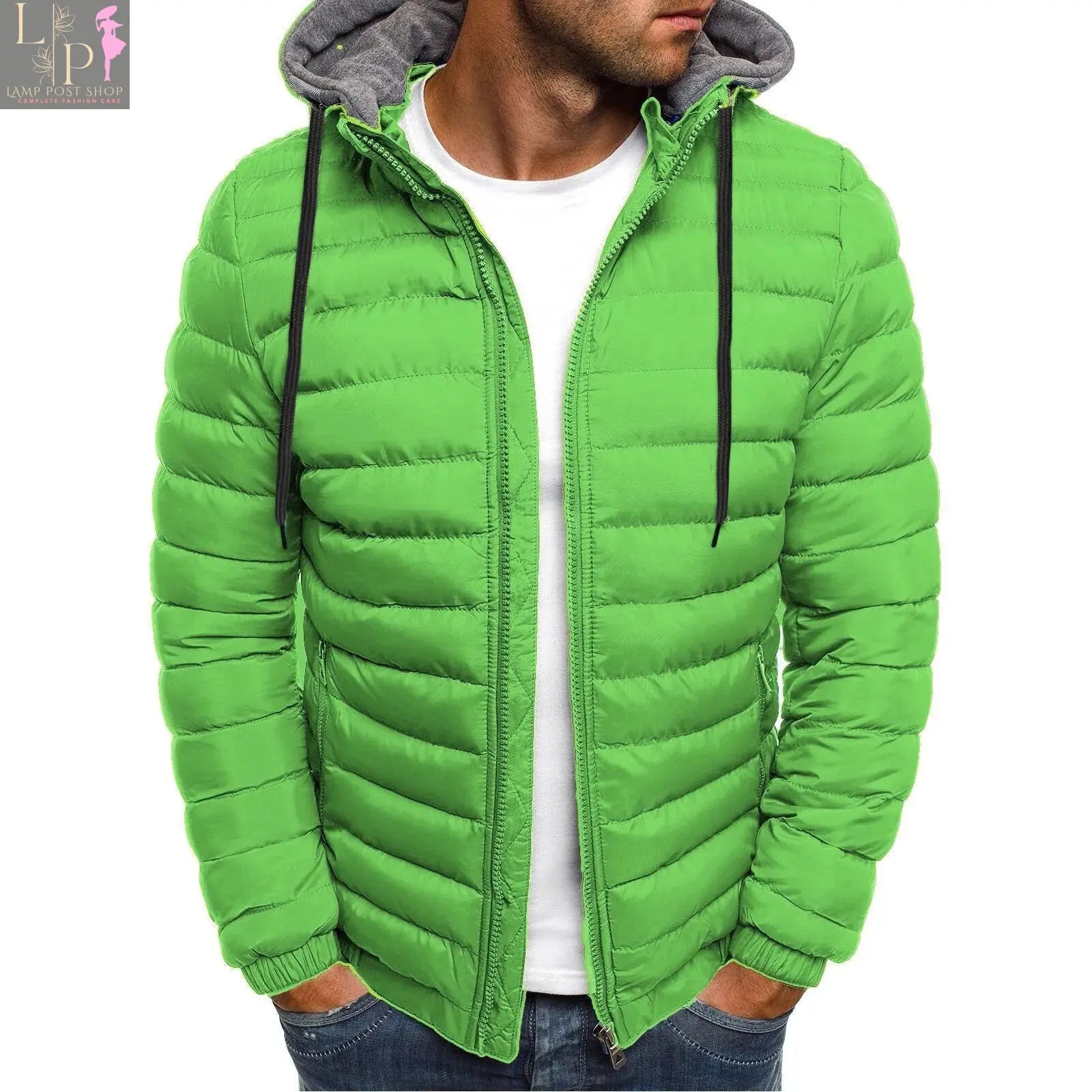 Men's blue winter warm hooded zipper jacket by Lamp Post, featuring a front zipper and cozy insulation for cold weather.