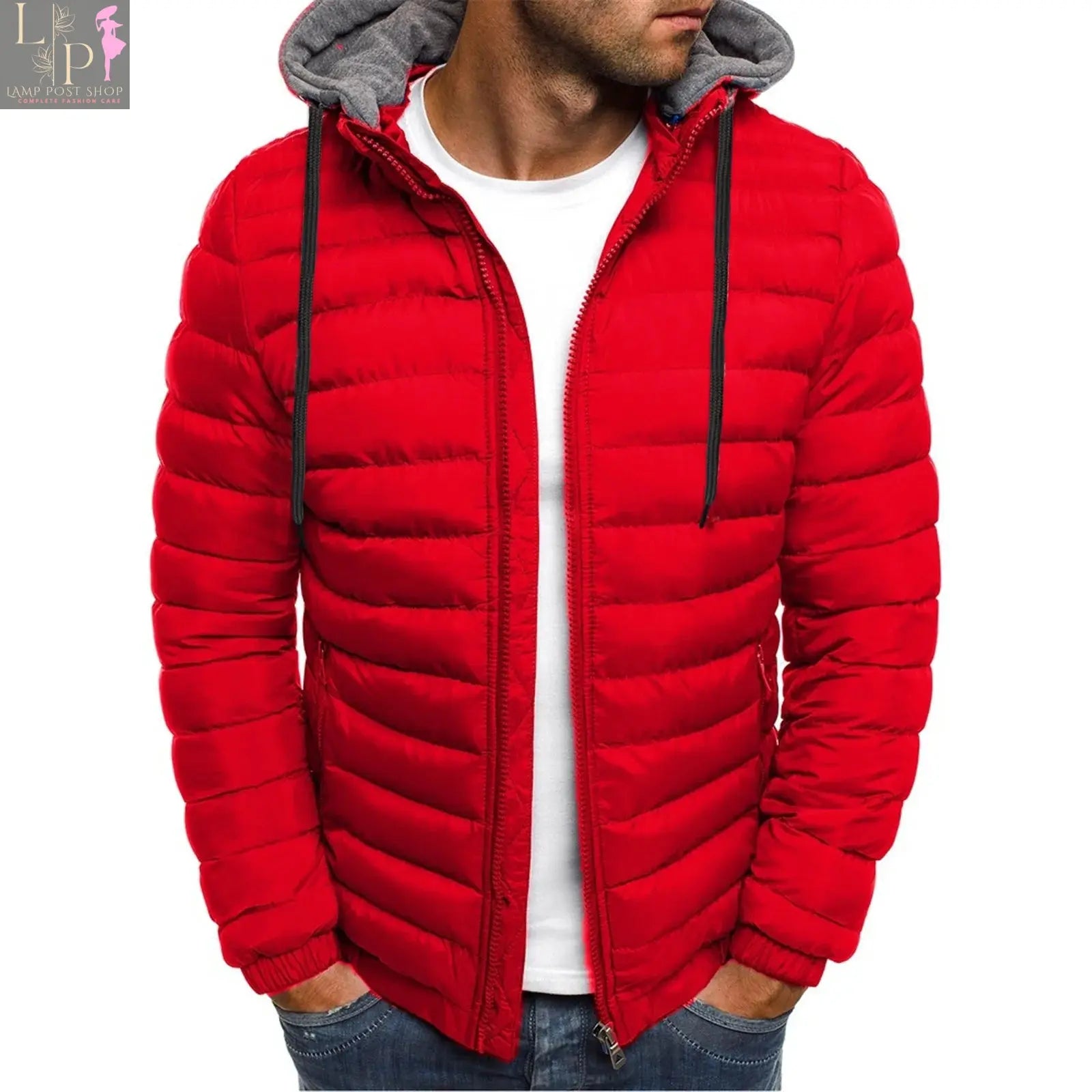 Men's blue winter warm hooded zipper jacket by Lamp Post, men's jacket with front zipper and hood, XXL size.