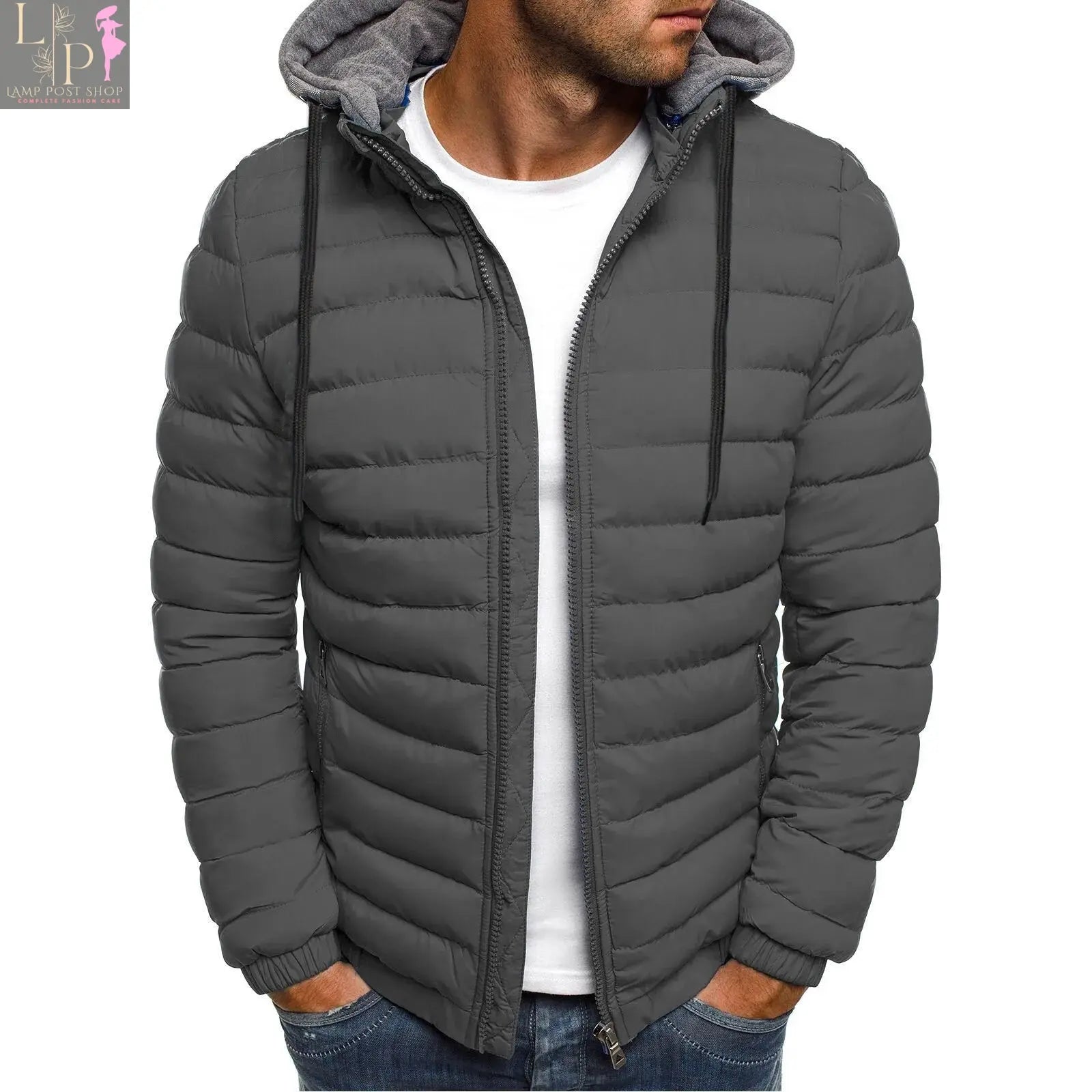 Men's blue winter warm hooded zipper jacket by Lamp Post, featuring a cozy design and front zipper closure.