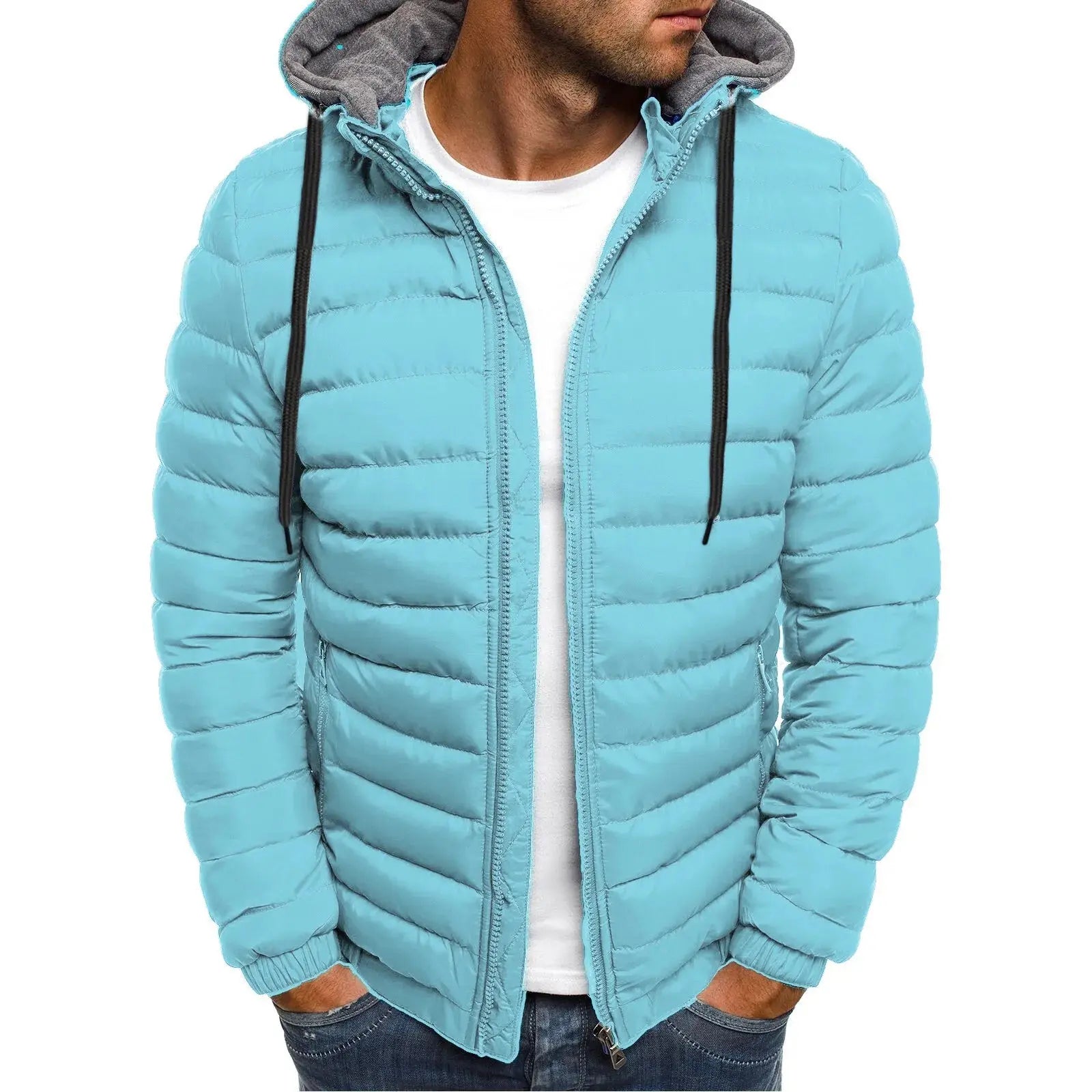 Men's blue winter warm hooded zipper jacket by Lamp Post, shown in XXL size, with a front zipper and cozy hood for cold weather.