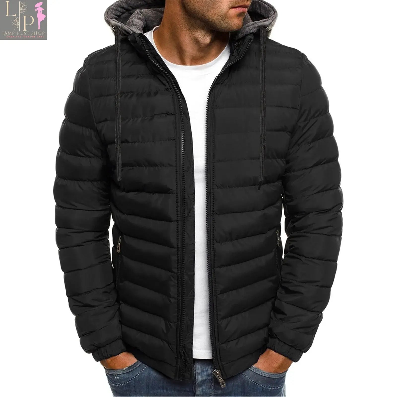 Men's blue winter warm hooded zipper jacket by Lamp Post, stylish men's jacket with a front zipper and hood for cold weather.