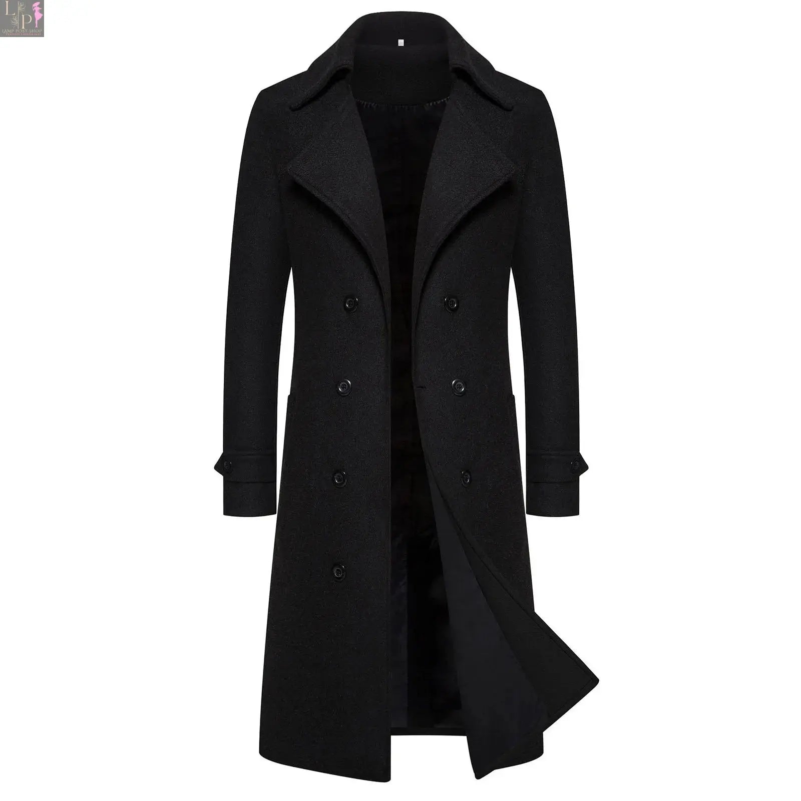Men's winter long sleeve slim coat by Lamp Post, featuring warm pockets and a tailored design, perfect for cold weather.