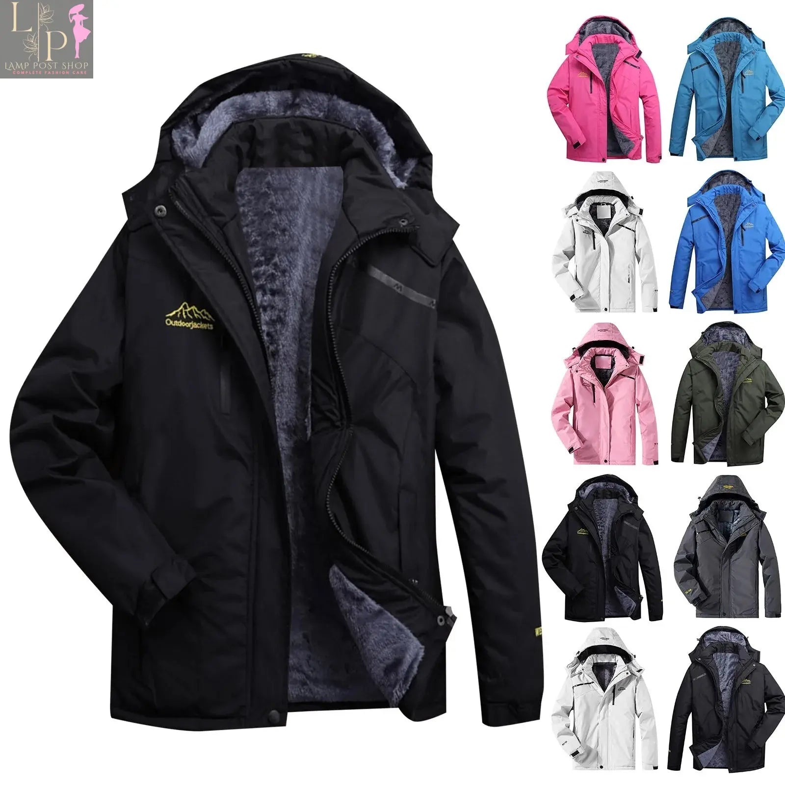 Pink men's and women's mountain ski jacket by Lamp Post, windproof and rain-resistant winter coat for snow and cold weather.
