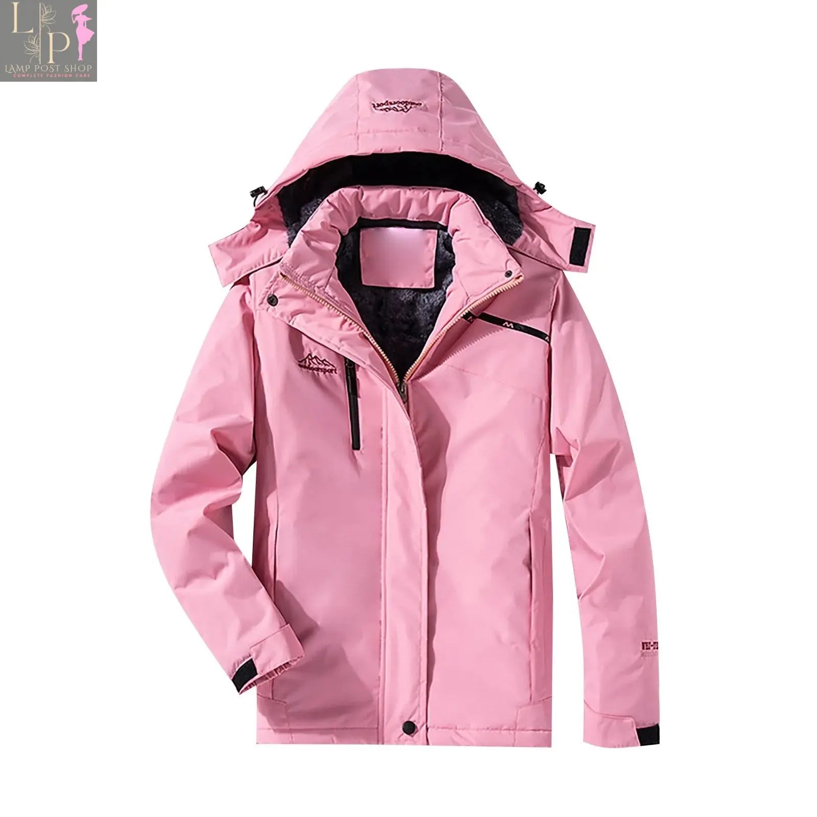 Pink men's and women's mountain ski jacket by Lamp Post, windproof and rain-resistant winter coat for snow and cold weather.