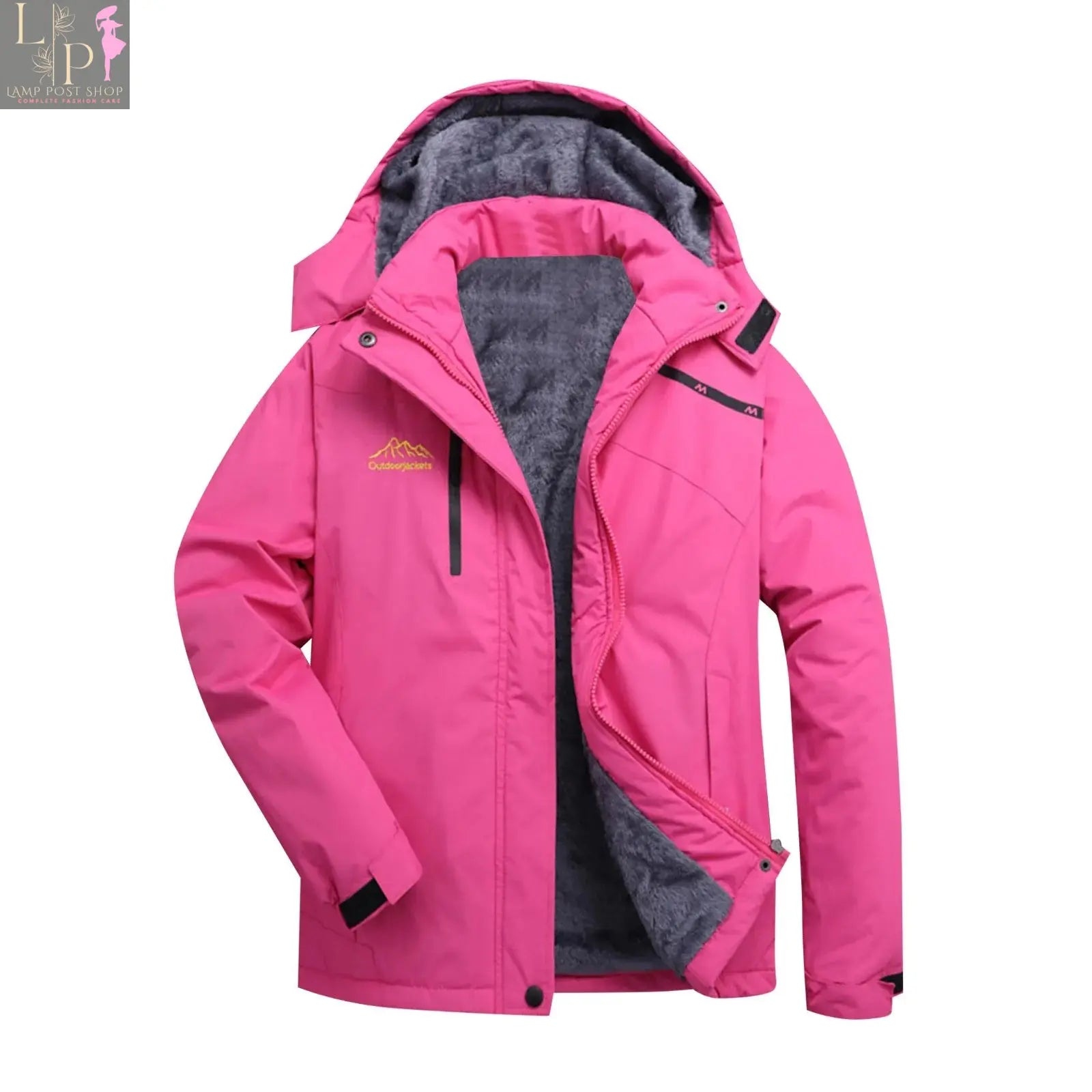 Pink men's and women's mountain ski jacket by Lamp Post, windproof and rain-resistant winter coat for snow and cold weather.