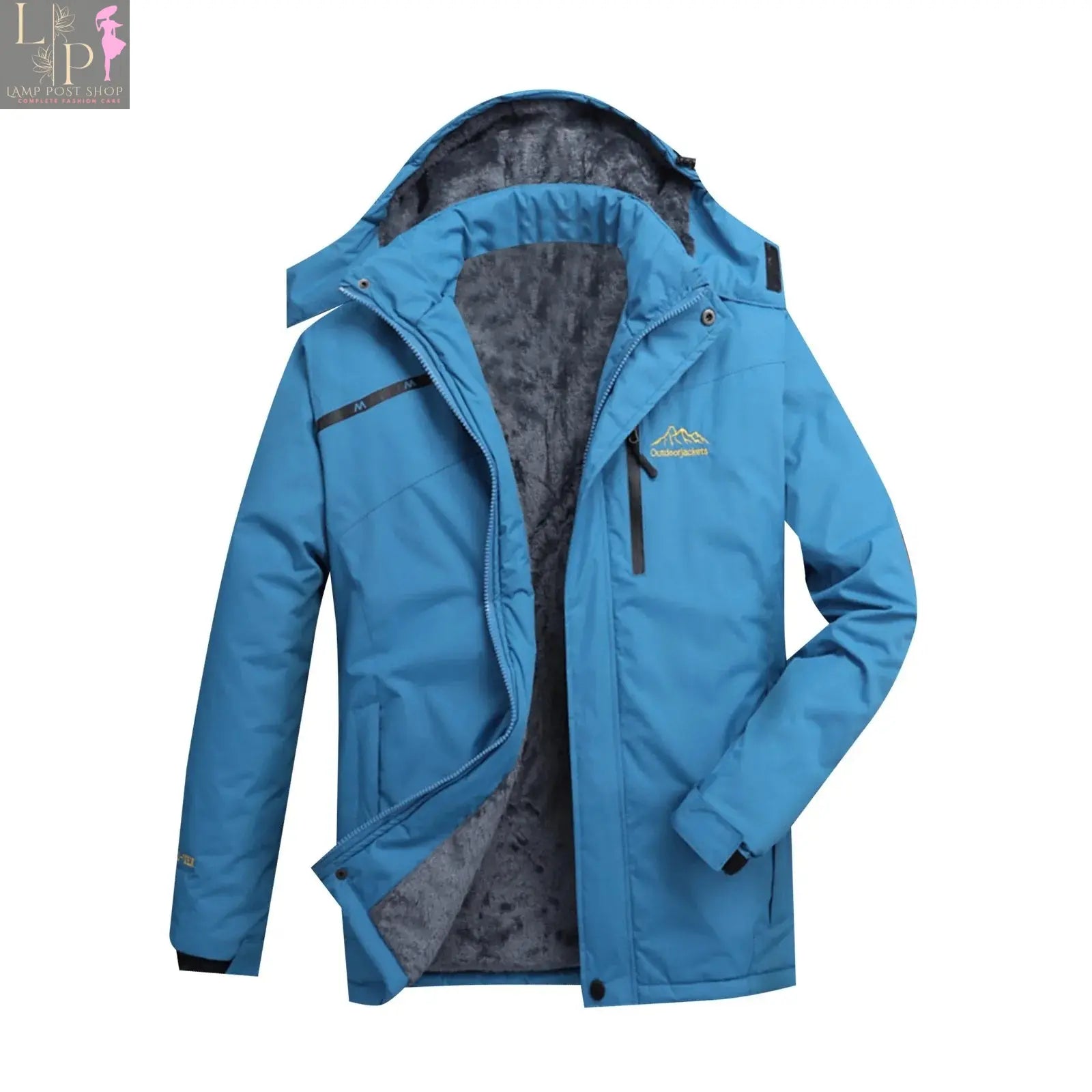 Pink men's mountain ski jacket by Lamp Post, windproof and rain-resistant winter coat for snow and cold weather.