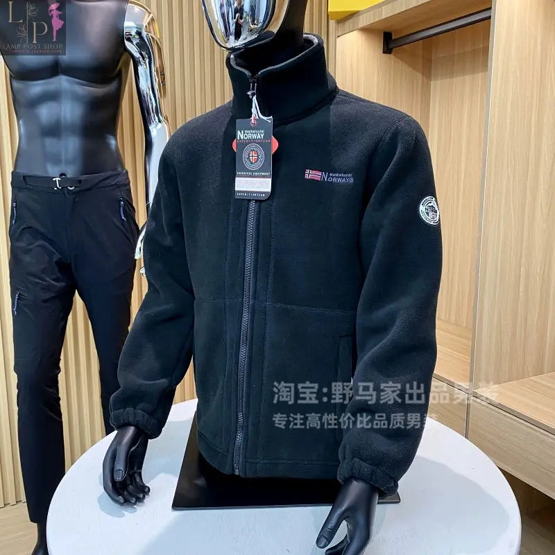 Red men's winter outdoor jacket by Lamp Post, showcasing a warm, insulated design with a hood and zipper closure.