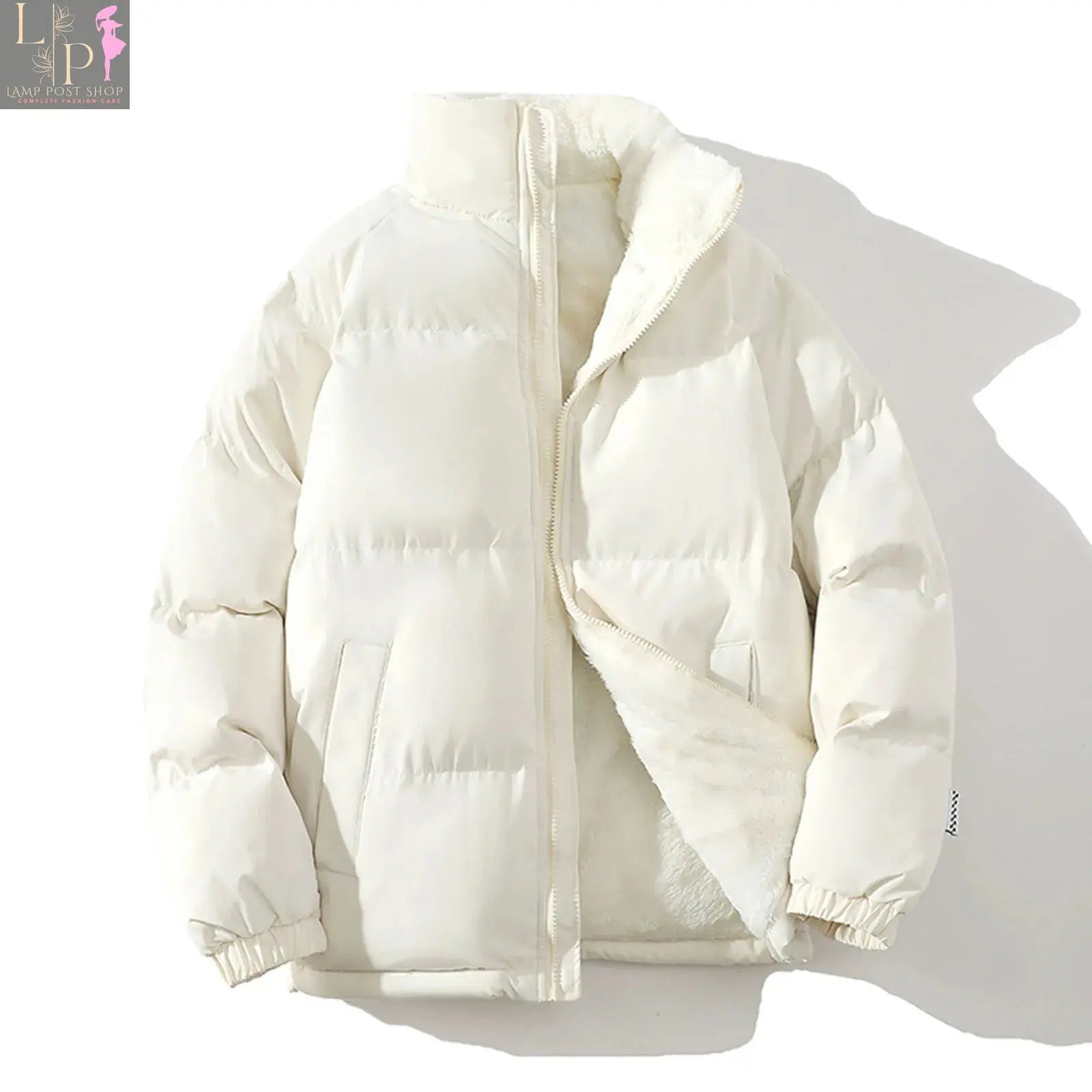 Men's padded fleece jacket by Lamp Post, white winter coat with windbreaker style, warm and insulated men's jacket.