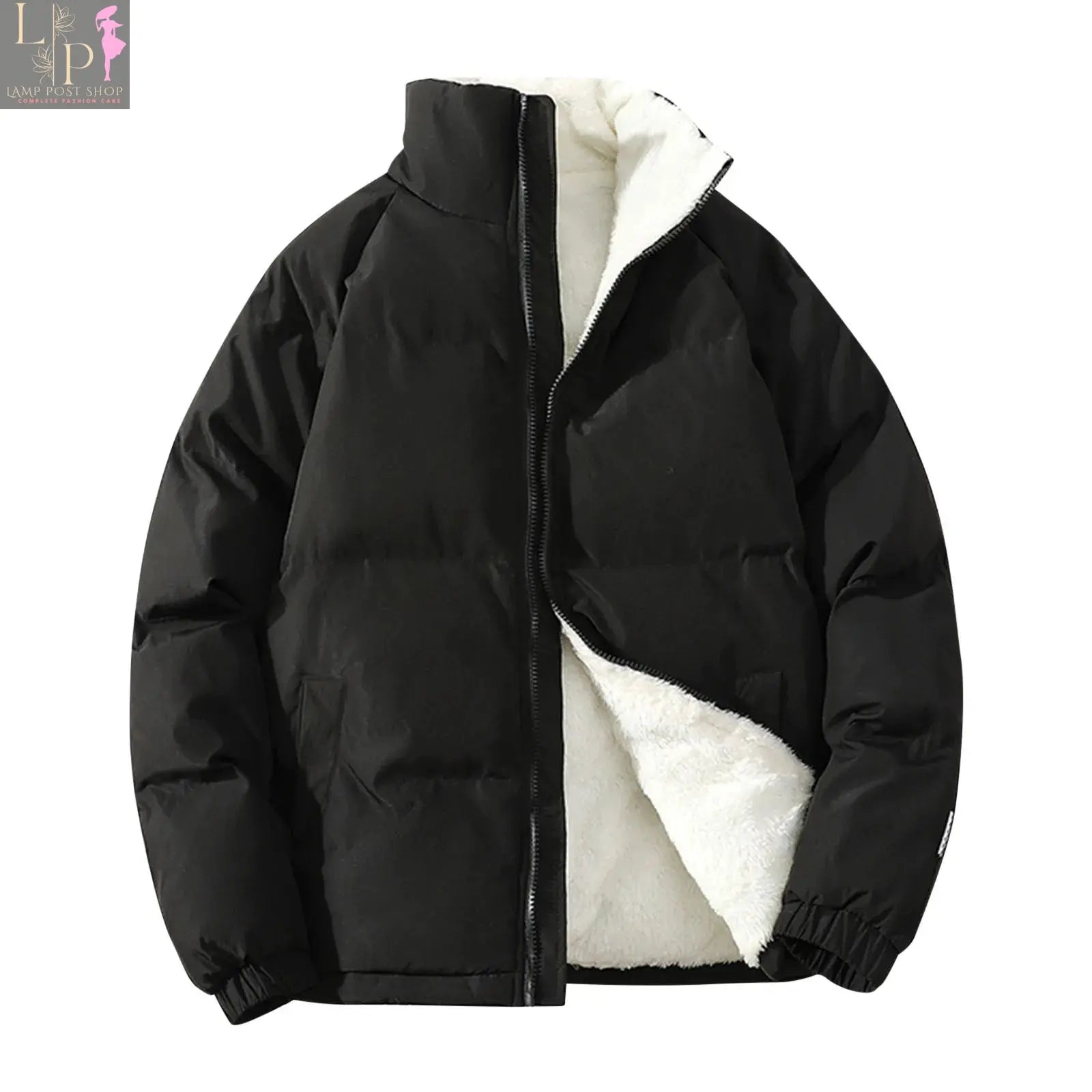 White men's padded fleece winter jacket by Lamp Post, featuring a warm insulated coat with windbreaker style for cold weather.