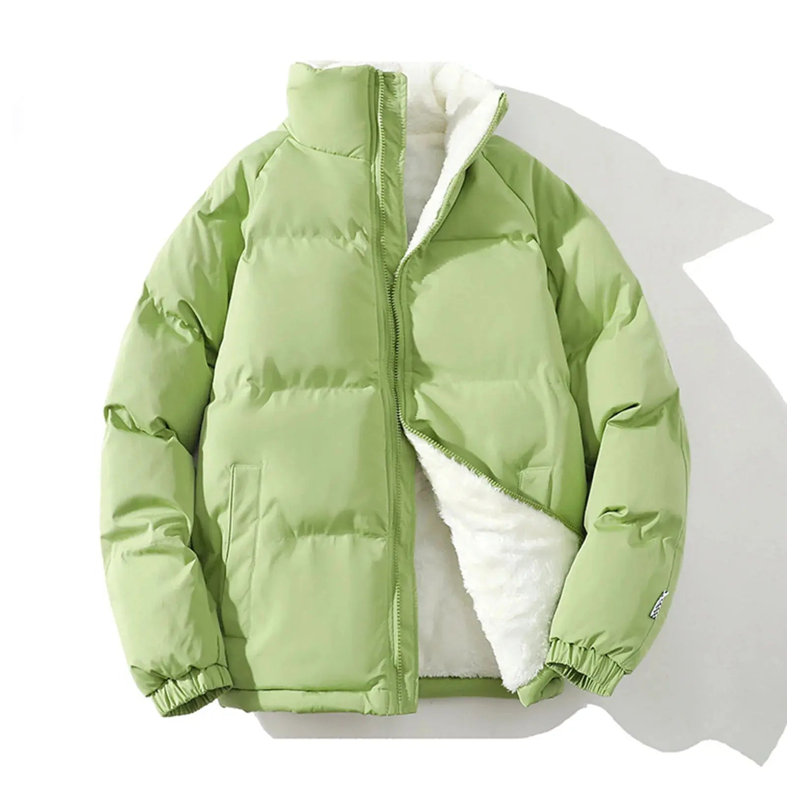 Men's white padded fleece jacket by Lamp Post, winter coat with windbreaker design, long sleeves, and warm insulation.