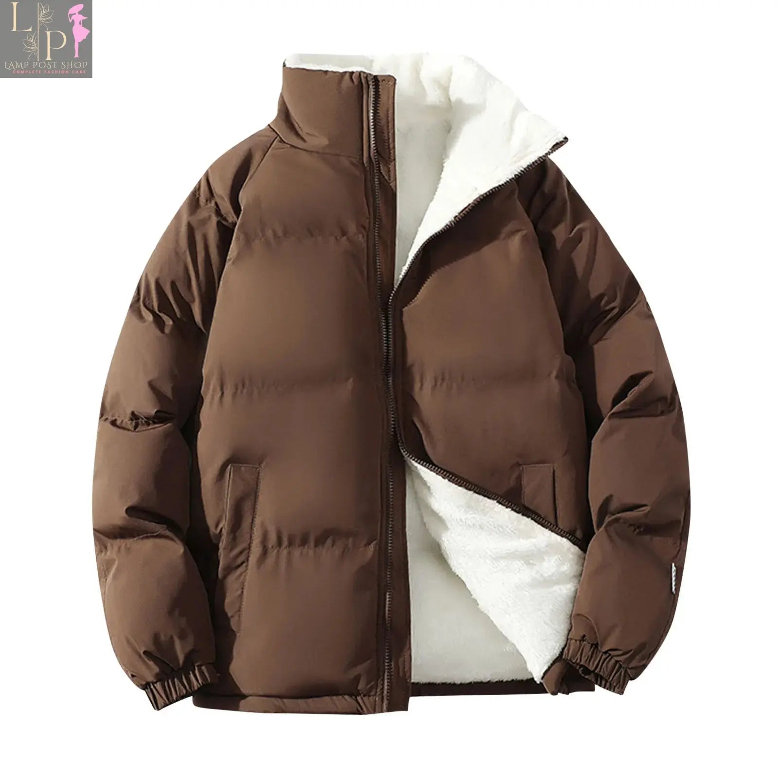 Men's white padded fleece jacket by Lamp Post, warm winter coat with windbreaker features, suitable for cold weather.