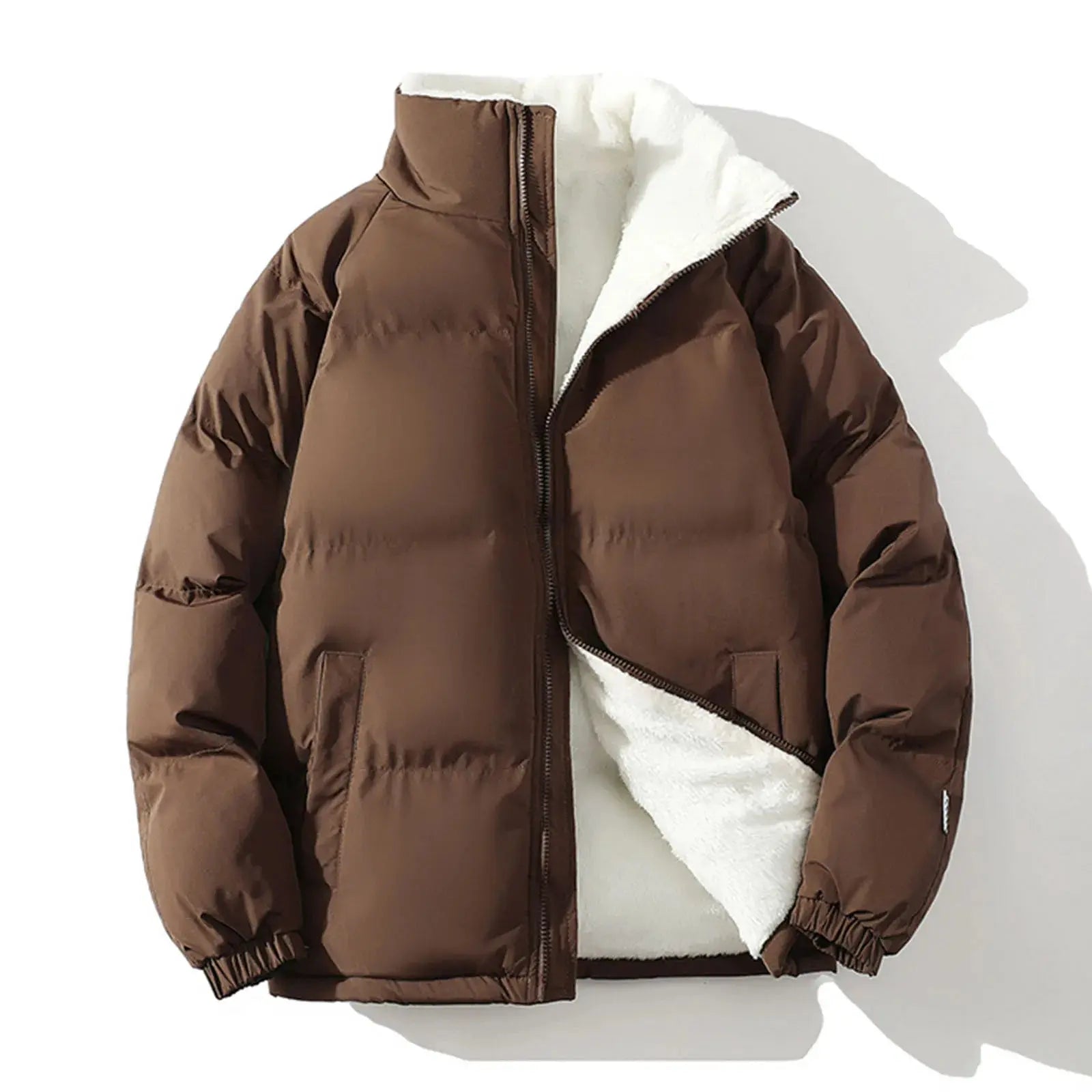Men's white padded fleece jacket by Lamp Post, warm winter coat with windbreaker features, suitable for cold weather.
