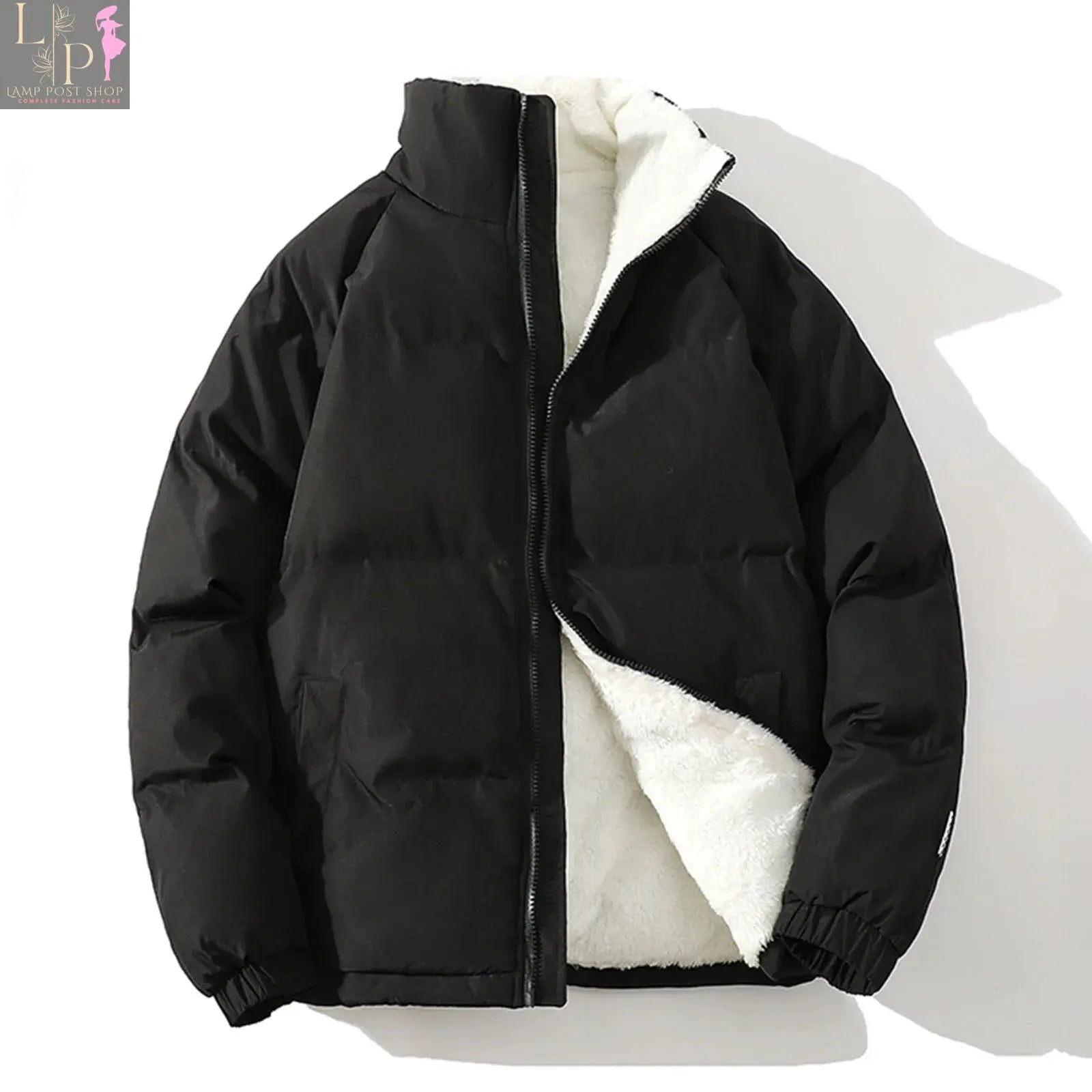 White men's padded fleece jacket by Lamp Post, warm winter coat with windbreaker features, suitable for cold weather.