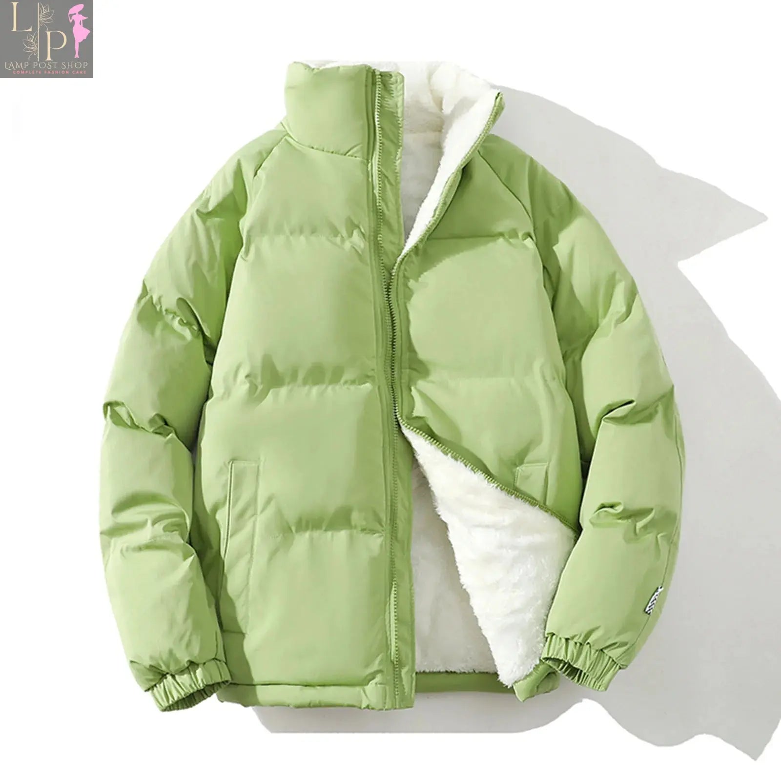 White men's padded fleece jacket by Lamp Post, winter coat with windbreaker features, suitable for cold weather.