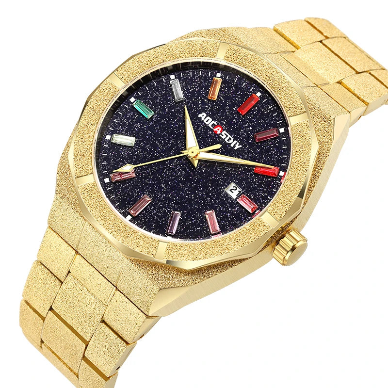 Gold luxury men's wristwatch by Lamp Post with quartz movement, luminous hands, and elegant design for businessmen.