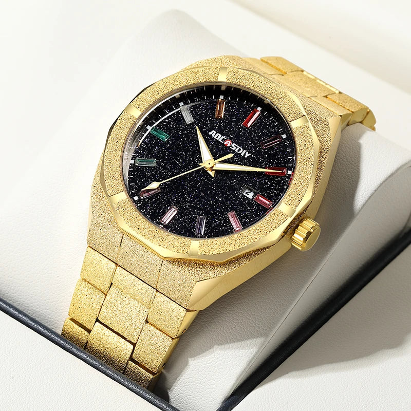 Gold luxury men's wristwatch by Lamp Post with quartz movement, luminous hands, and classic business style.