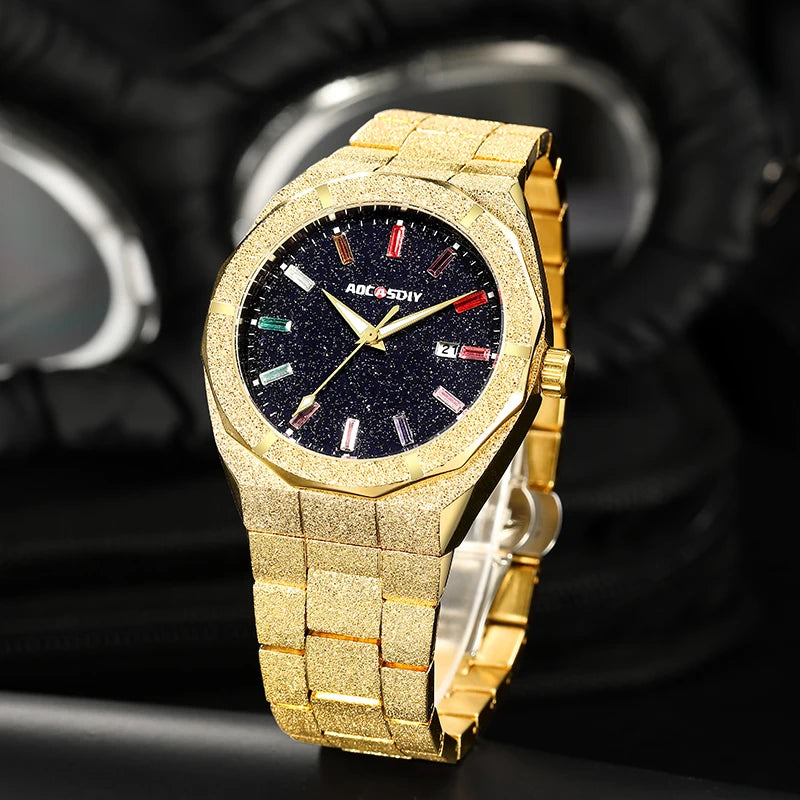 Luxury Lamp Post men's gold quartz wristwatch with luminous hands, stylish business watch for men.