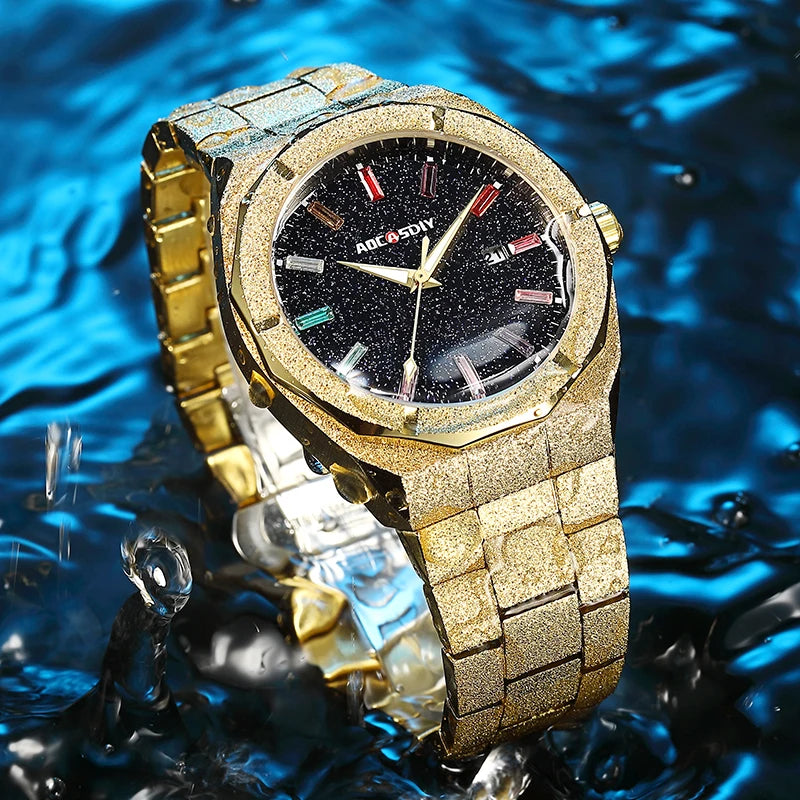 Gold luxury men's quartz wristwatch by Lamp Post with luminous hands, perfect for businessmen and formal occasions.