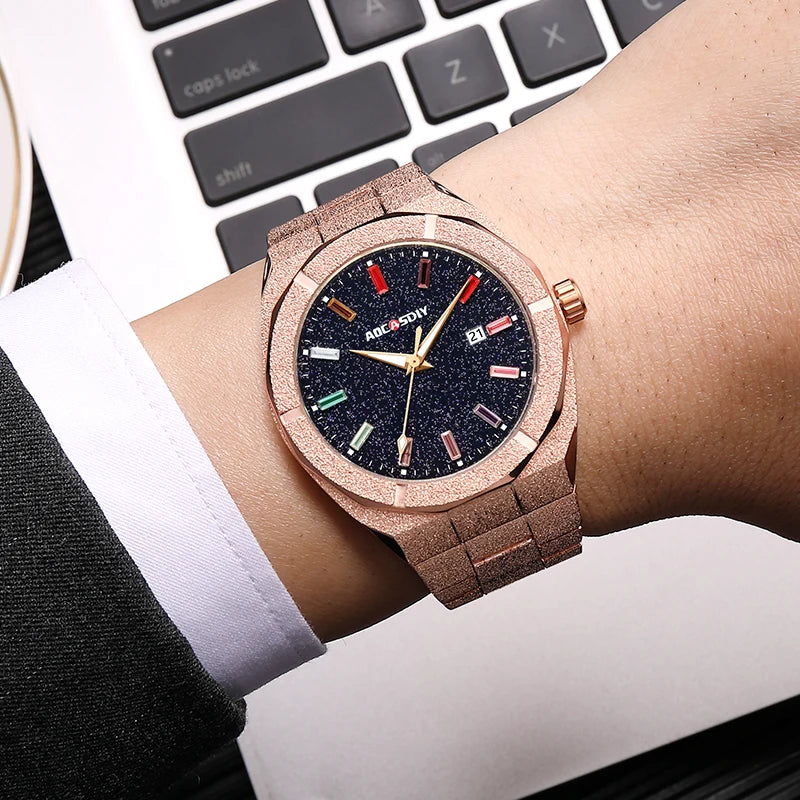 Luxury Lamp Post men's gold quartz wristwatch with luminous hands, elegant business style for men.