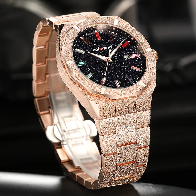 Gold luxury men's wristwatch by Lamp Post with quartz movement, luminous hands, and elegant design for businessmen.