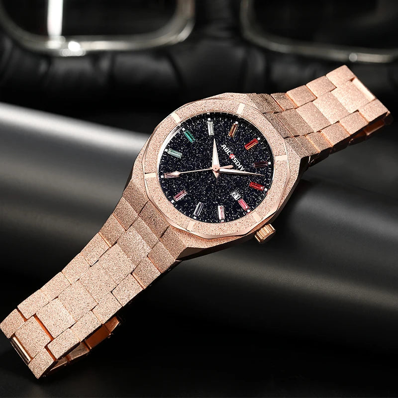 Luxury Lamp Post men's quartz wristwatch with gold finish, luminous hands, stylish design for businessmen and formal wear.