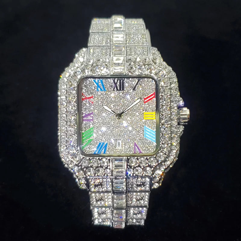 Luxury Lamp Post men's diamond watch with rose gold finish, square face, colorful numbers, and iced-out hip hop bling design.