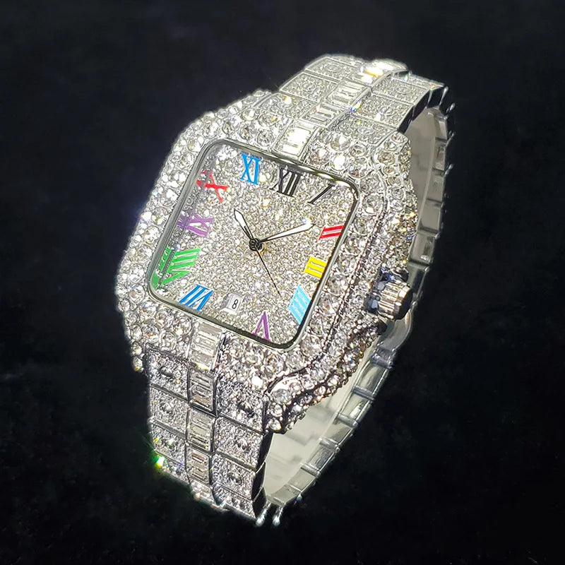 Lamp Post men's luxury diamond watch in rose gold with colorful numbers, square face, iced-out design, ideal for party and hip-hop style.