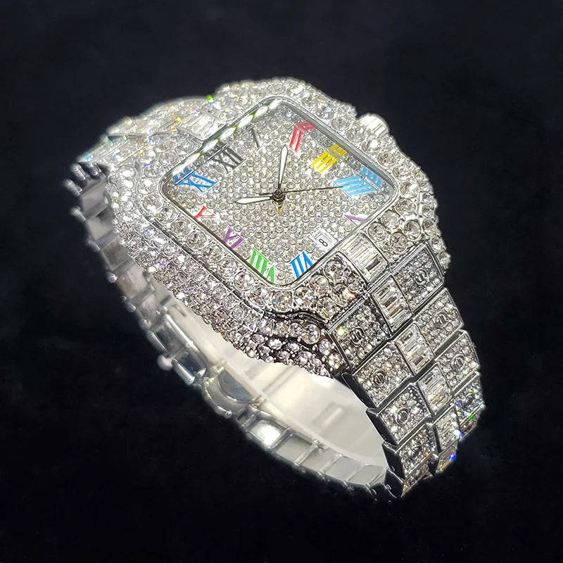 Rose gold men's luxury diamond watch by Lamp Post featuring an iced-out square face with colorful numbers, ideal for stylish parties.