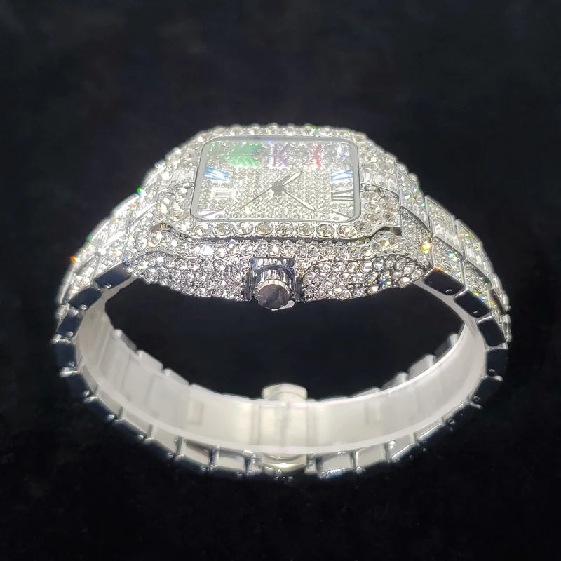 Rose gold men's luxury diamond watch by Lamp Post featuring an iced-out square face with colorful numbers, perfect for fashion and parties.