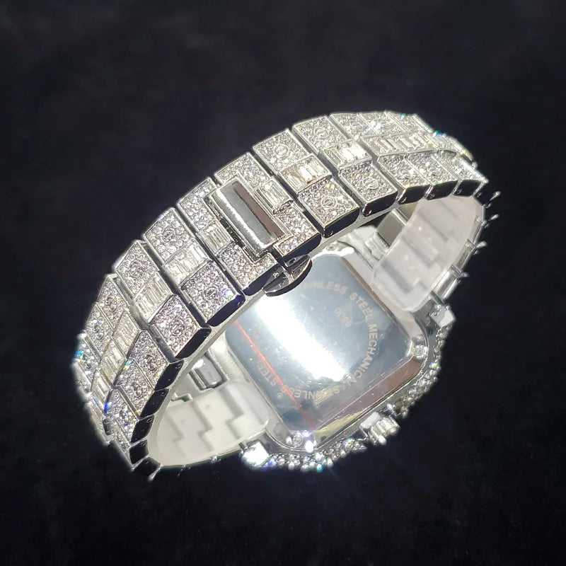 Rose gold men's luxury diamond watch with square face, colorful numbers, iced out design, hip-hop bling style, perfect for parties.