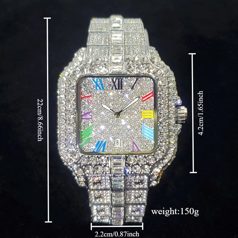 Rose gold men's luxury diamond watch by Lamp Post featuring a square face, colorful numbers, and hip-hop bling style.