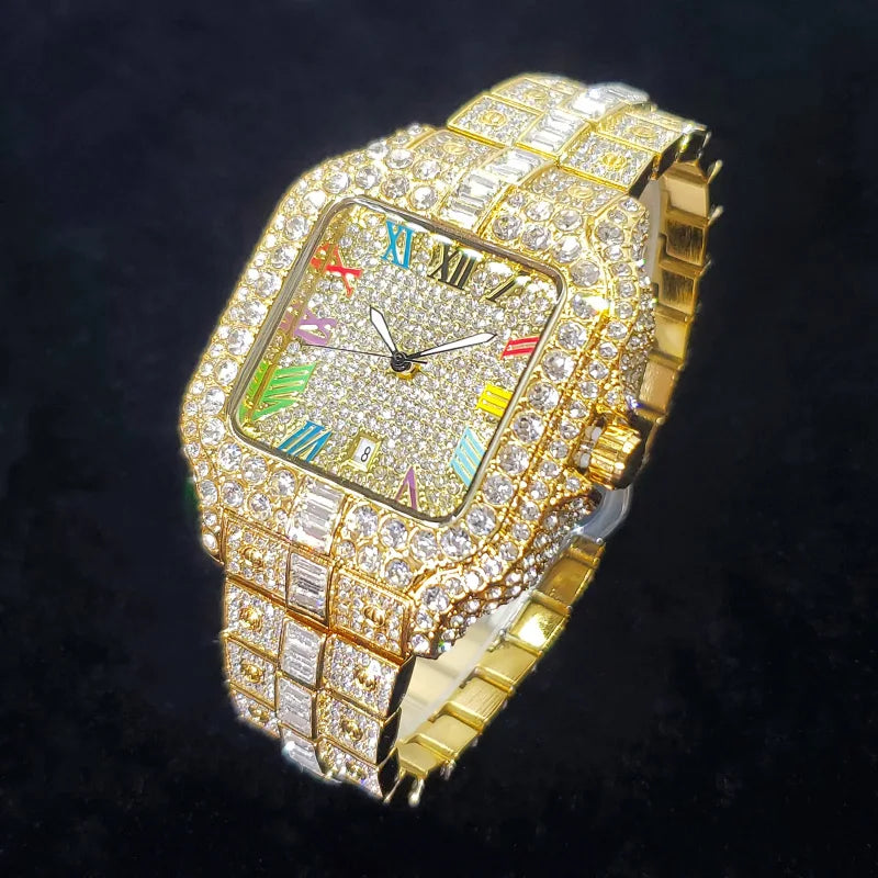 Luxury men's diamond watch by Lamp Post featuring rose gold, square face, colorful numbers, and iced-out bling design for parties.