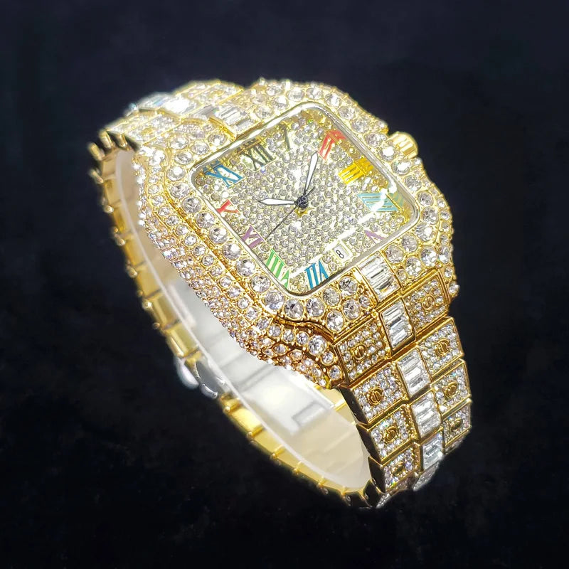 Rose gold men's luxury diamond watch by Lamp Post featuring a square face, colorful numbers, and hip hop bling style.