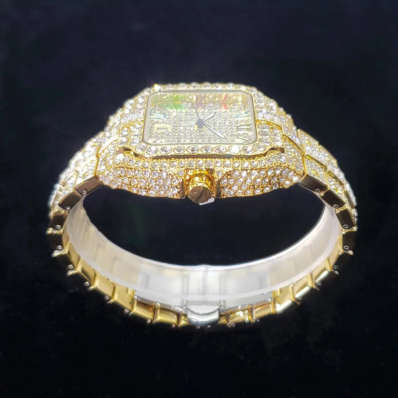 Rose gold men's luxury diamond watch by Lamp Post with square face, colorful numbers, iced-out design, perfect for hip hop style and parties.