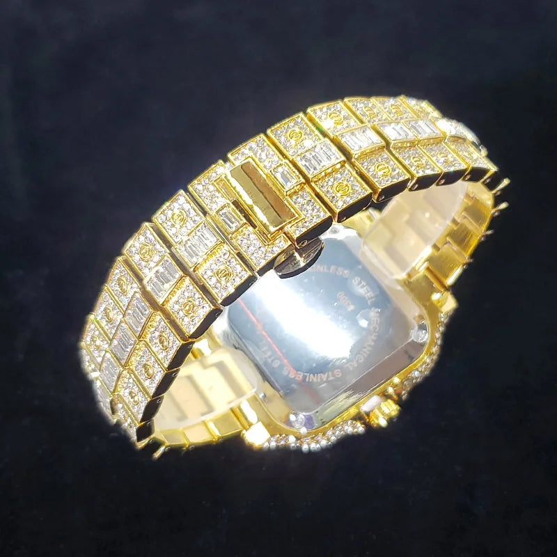 Rose gold men's luxury diamond watch with square face, colorful numbers, and iced-out design, perfect for party or hip-hop style.