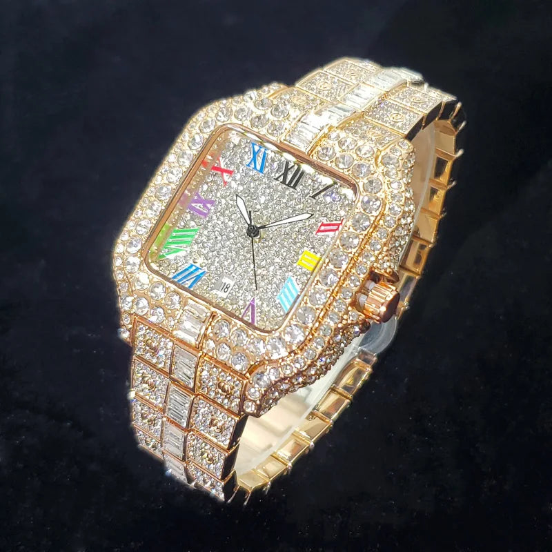 Rose gold men's luxury diamond watch by Lamp Post with square face, colorful numbers, iced-out design, perfect for hip hop style.
