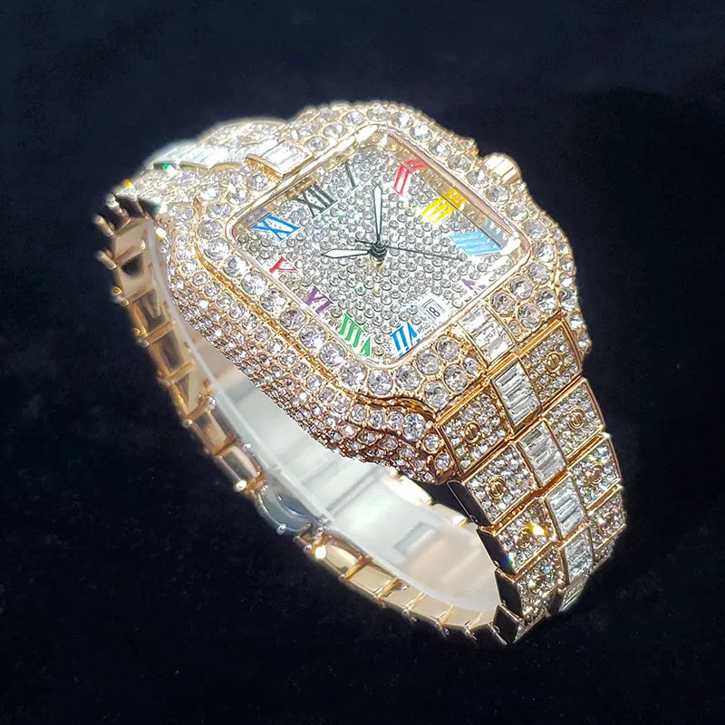 Rose gold men's luxury diamond watch by Lamp Post with square face, colorful numerals, iced-out design, ideal for hip-hop and parties.