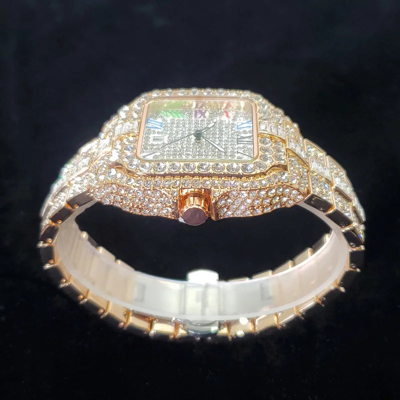 Lamp Post men's luxury diamond watch in rose gold with colorful numbers, square face, iced out design, perfect for hip hop fashion.