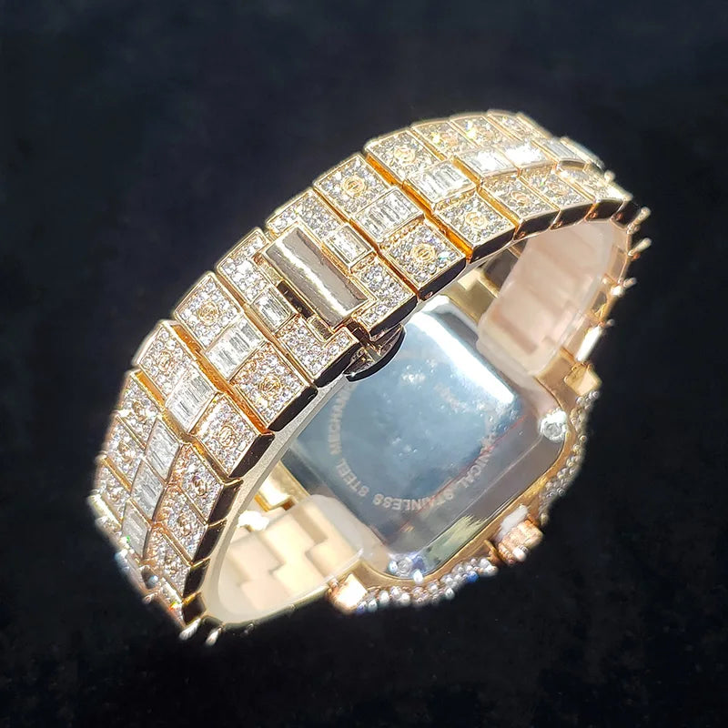 Rose gold men's luxury diamond watch with square face, colorful numbers, iced-out design, hip-hop style, perfect for parties.