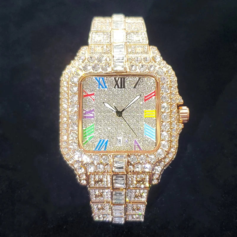 Lamp Post luxury men's diamond watch in rose gold with colorful numbers, square face, iced out design, perfect for parties.