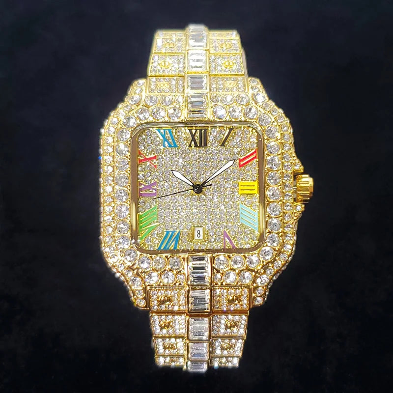 Rose gold men's luxury diamond watch by Lamp Post with iced-out square face, colorful numbers, perfect for hip hop fashion and parties.